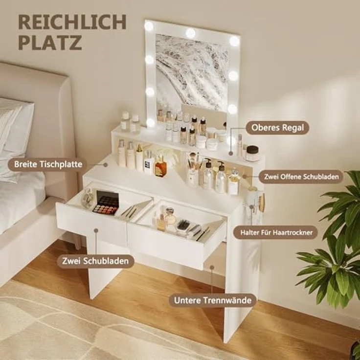 JUMMICO Schminktisch mit LED Beleuchtung und Spiegel, Einstellbare Helligkeit und Farbtemperatur, Kosmetiktisch mit 9 LED Glühbirne, Weiß – Bild 2