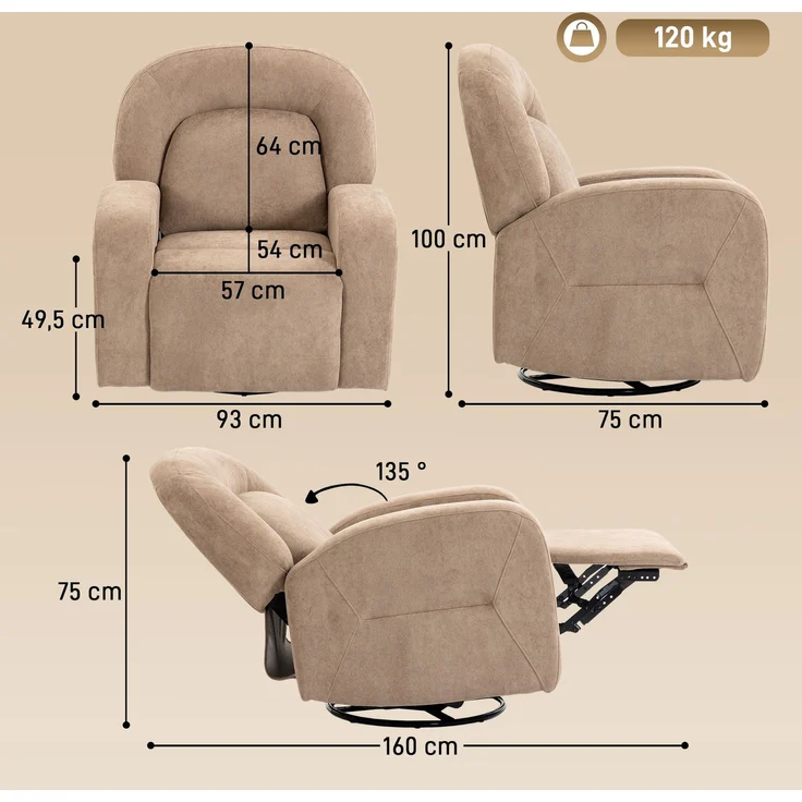 Wohnora-Relaxsessel, 360° Drehbarer Liegesessel mit Wolkenweichem Samtstoff, Breitem Sitz, für Wohnzimmer, Khaki,H 1000cm x T 930cm x B 750cm – Bild 4