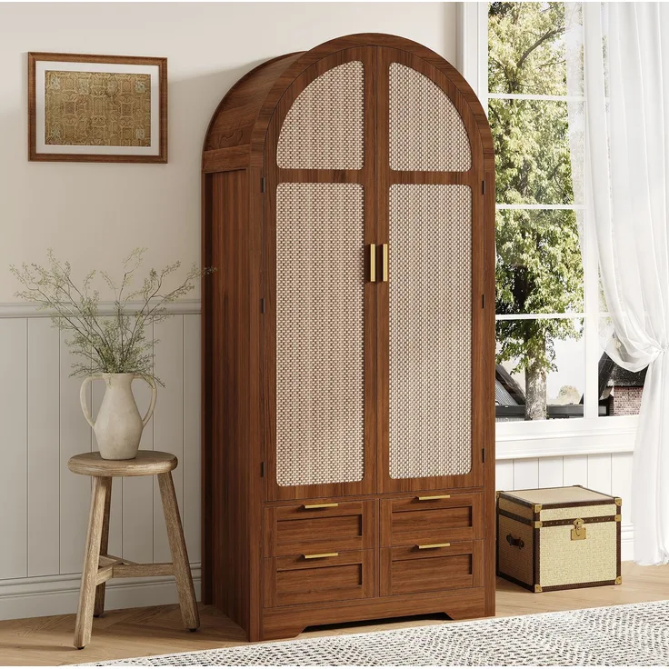Kleiderschrank aus MDF mit geschwungenen Türen, Rattan-Optik, Schubladen, 80x50x179 cm, Walnut