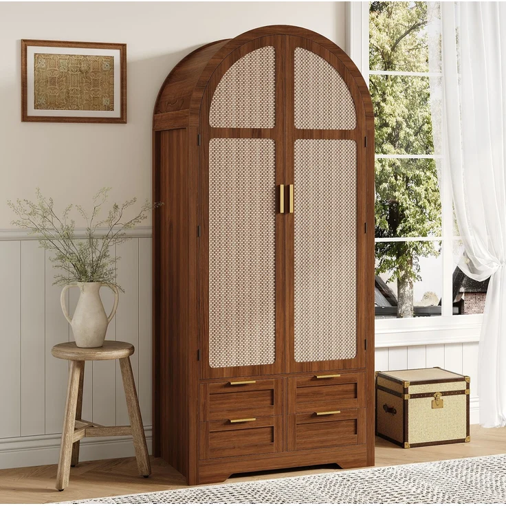 Kleiderschrank aus MDF mit geschwungenen Türen, Rattan-Optik, Schubladen, 80x50x179 cm, Walnut – Bild 1