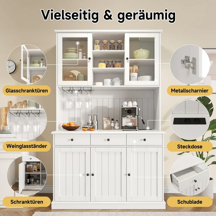 Buffetschränke, Esszimmer-Hochschrank 120×40×191 cm, mit Glastüren, Gläserhalter, mehrstufigem Stauraum, integrierter Steckdose sowie USB-C- und USB-A-Anschlüssen, Weiße und schwarze Griffe--Weiß--120x40x191cm--YOUDENOVA – Bild 10