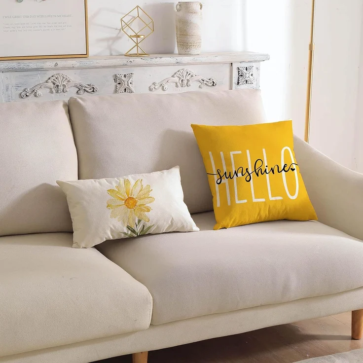 Sommer Kissenbezüge 45×45 cm 4er-Set Gelbe Gänseblümchen, “Hello Sunshine”, Outdoor Sofa Deko – Bild 4