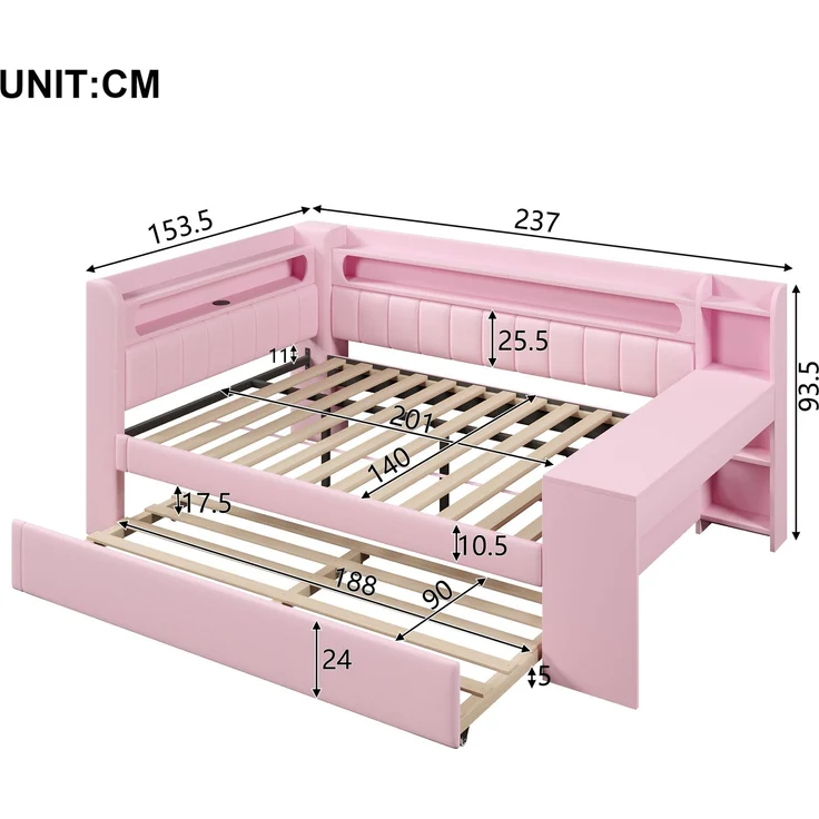 Gepolstertes 140x200 Tagesbett mit USB-Anschlüssen und LED-Gürtel, mit Ausziehbett und Schreibtisch, Rosa – Bild 5