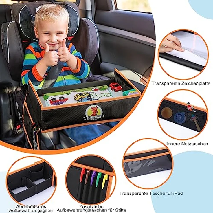 lenbest Doppelfunktion Kinder Reisetisch, Knietablett Reisetisch（Auto Rückenlehnenschutz） mit Transparenter Zeichnungsfilm, 5 Zeichnungsplatten und 6 Farbpens - Schwarzes/Orange – Bild 7