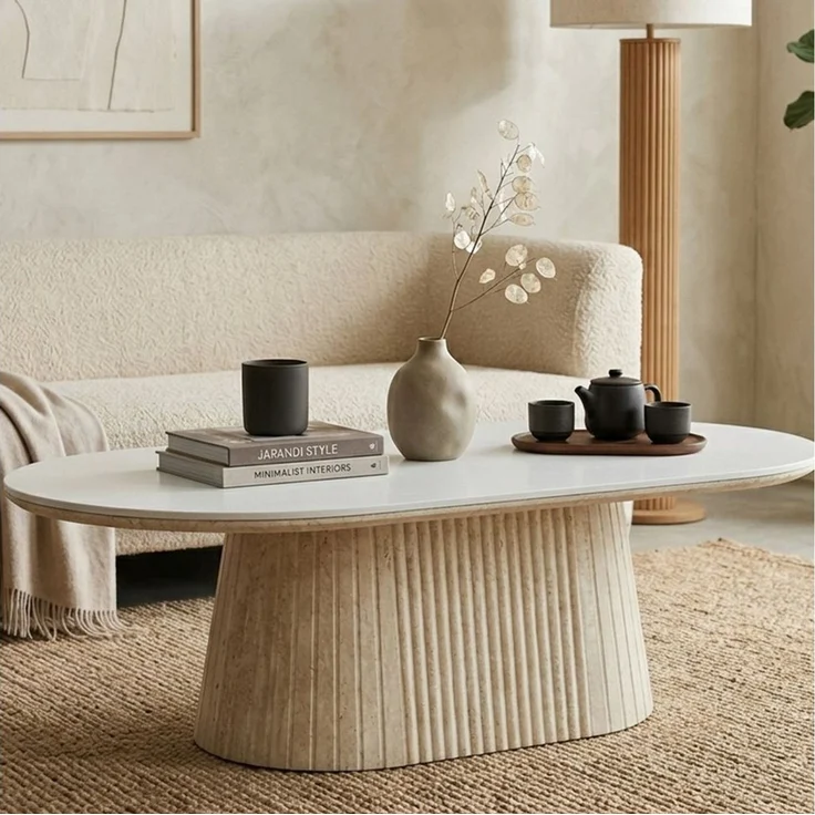 HOOZ Wohnzimmertisch Couchtisch oval modern, Säulenfuß inkl. Keramikplatte 130x70 cm Kalk (Einzelprodukt, 1× Couchtisch), Keramik-Tischplatte, verschiedene Varianten, pflegeleicht & stabil – Bild 2