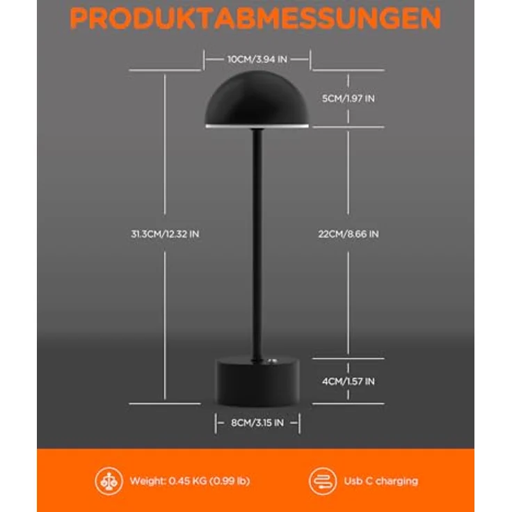 TOMONS LP01011, Schwarze LED Schreibtischlampe mit Touch-Steuerung, einstellbarer Helligkeit und Farbtemperatur, 4000mAh Akku, für Schlafzimmer, Wohnzimmer, Restaurant, Studie, Terrasse – Bild 3