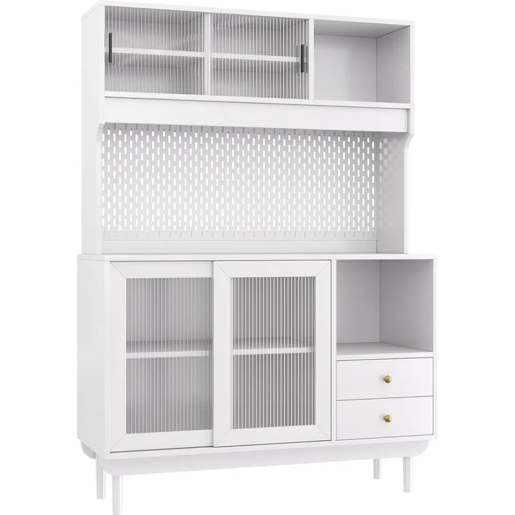 DESVIAE Sideboard Weiß aus MDF/Spanplatte – 117x170x30 cm – Riffelglas-Schiebetüren – Bild 8