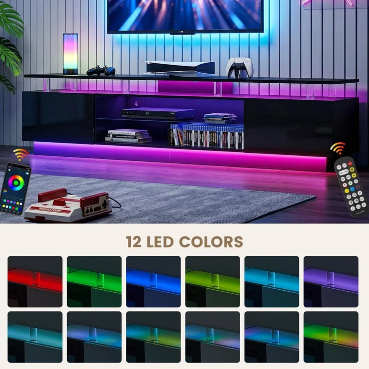Aoxun 200 cm Fernsehstand, mit 2 Seitenkabinett, Moderner Stilvoller TV-Console mit LED Leuchten, Gaming-Fernseh-Medienconsole mit Verstellbarem Glasregal, Fernbedienung & APP-Steuerung, Schwarz – Bild 3