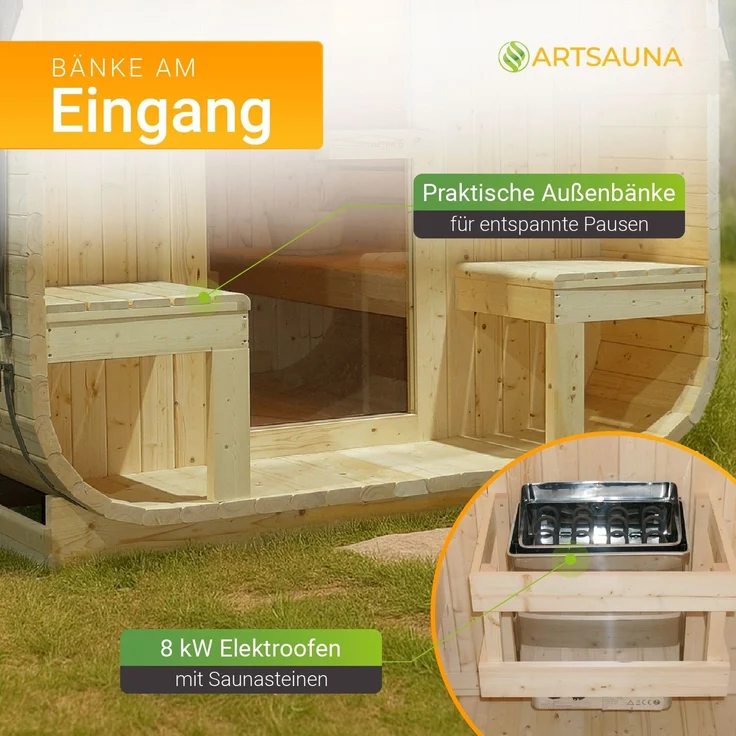 Artsauna Fasssauna Nolvik XXL, Outdoor-Sauna aus Fichtenholz, 8 kW Ofen, LED, Komplettset mit Sanduhr, Eimer & Thermometer, winterfest, Cube Design – Bild 5