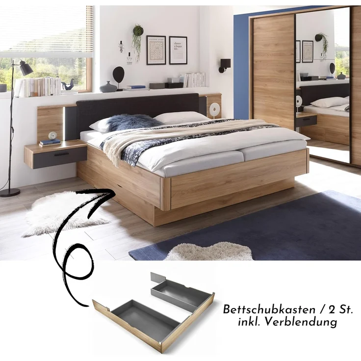 Stella Trading 2X Bettkästen passend zum Bett ASCHAU - ideal für zusätzlichen Stauraum - Bettschubkästen in Mauvella Eiche Optik, Graphit - 184 x 25 x 181 cm (B/H/T) – Bild 4