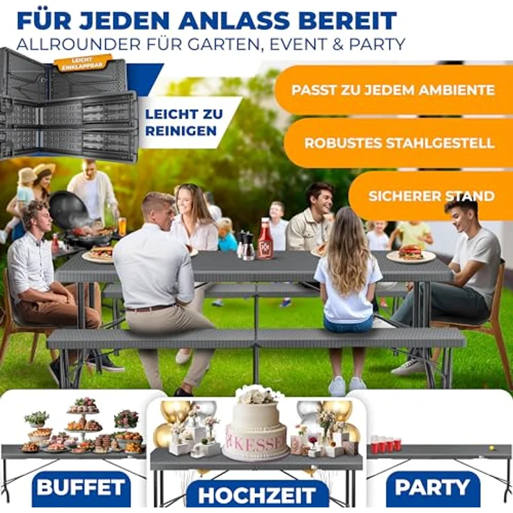 KESSER® Bierzeltgarnitur 3-teilig Set Tisch & 2x Bank | Buffettisch für drinnen & draußen Gartengarnitur klappbar 183x76x74cm Kunststoff Klapptisch Gartentisch inkl. Abdeckung & Tragegriffe Anthrazit, Rattan – Bild 4