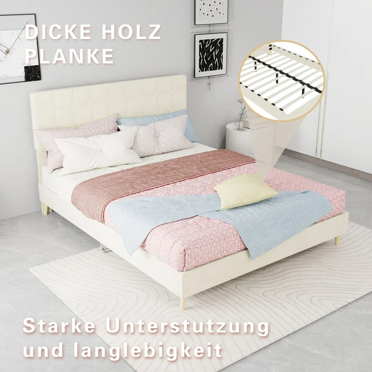 Novelux Polsterbett 140x200 cm mit Kariertem Kopfteil & Holzfüßen – Modernes Doppelbett aus Verschleißfestem Stoff, Massivholzrahmen, für Schlafzimmer, Beige – Bild 5