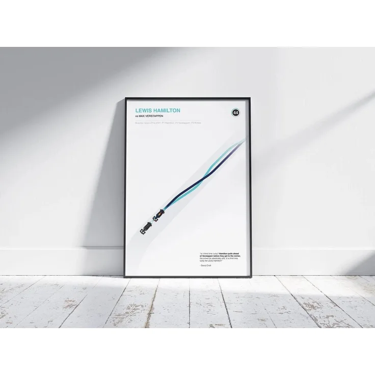 Poster Formel 1 Überholmanöver Linien Kurve Windschatten Rennstrecke Rennfahrer Rennwagen · Deko Print ohne Rahmen - F Hamilton / 21x30 cm