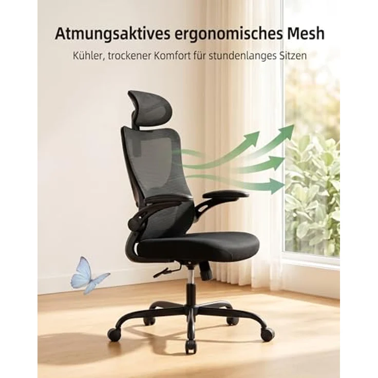 Marsail Bürostuhl Ergonomisch Schreibtischstuhl: Ergonomischer Bürostuhl mit 2D-Kopfstütze, 2D-Lendenwirbelstütze, klappbaren 3D-Armlehnen, 8 cm Sitzkissen, Höhenverstellung und 300 LB Belastbarkeit. – Bild 2