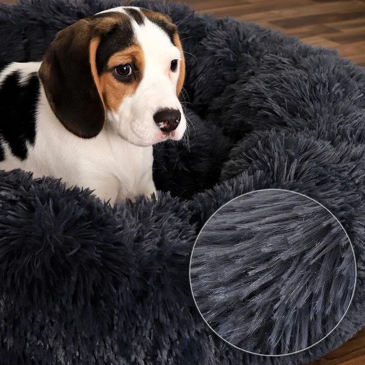 lionto Donut Hundebett, rundes Hundesofa mit Plüschbezug & Anti-Rutsch-Noppen, weich & gemütlich, 60 cm Durchmesser, dunkelgrau – Bild 3