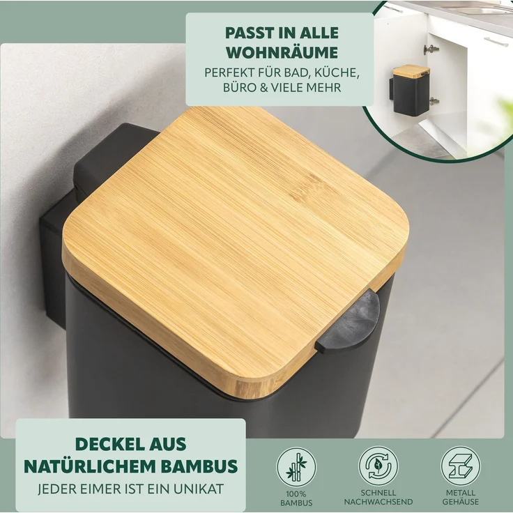Wand-Kosmetikeimer 3 l, Badmülleimer 2-Wege-Montage, eckig, schwarz – Bild 5