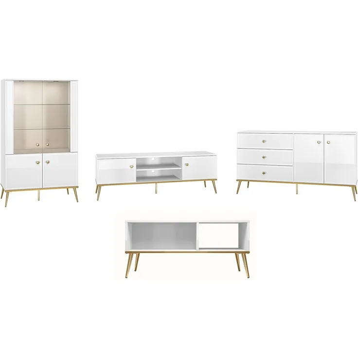 Wohnzimmer-Set Goldin 4tlg Wohnwand Couchtisch weiß goldfarben / Front Hochglanz