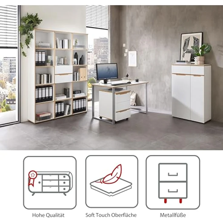 Stella Trading Memphis Schreibtisch in Weiß, Artisan Eiche Optik - Moderner Bürotisch Computertisch mit Metallgestell & Kabeldurchführungen - 170 x 77 x 73 cm (B/H/T) – Bild 6