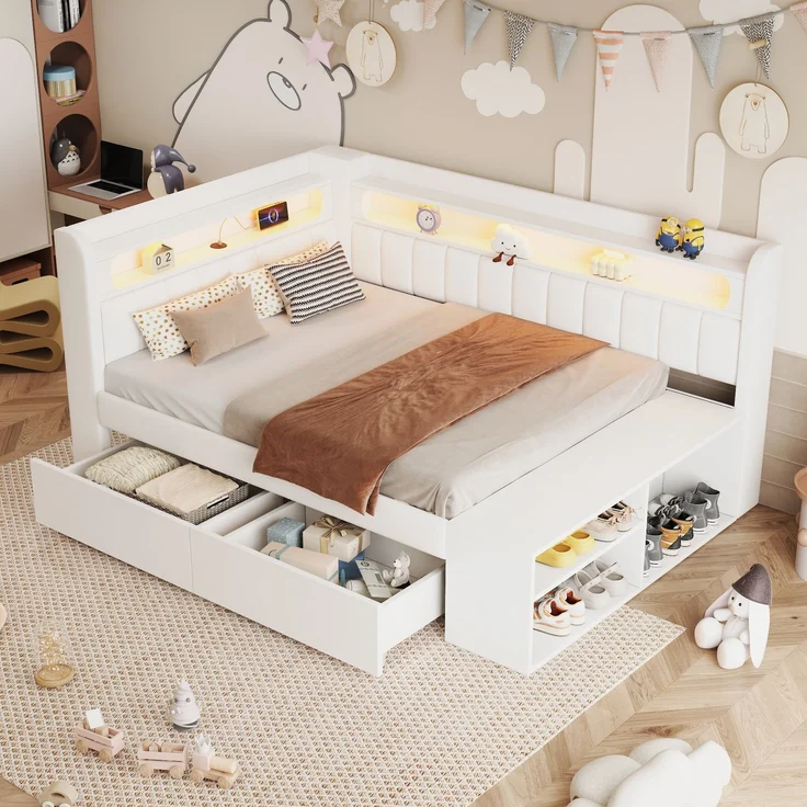 Merax Kinderbett, Einzelbett, Schlafsofa 90x200cm mit USB-Anschluss und LED-Lichtleiste, inklusive Schuhschrank und zwei Schubladen, weiß – Bild 1