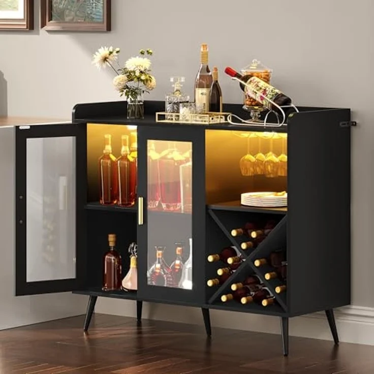YITAHOME Barschrank mit verstellbaren LED-Lichtern, Kaffeebar mit Weinregal & Haken & Acryl-Türschrank, Küche Buffet Sideboard für Home Bar/Esszimmer/Wohnzimmer, Schwarz – Bild 2