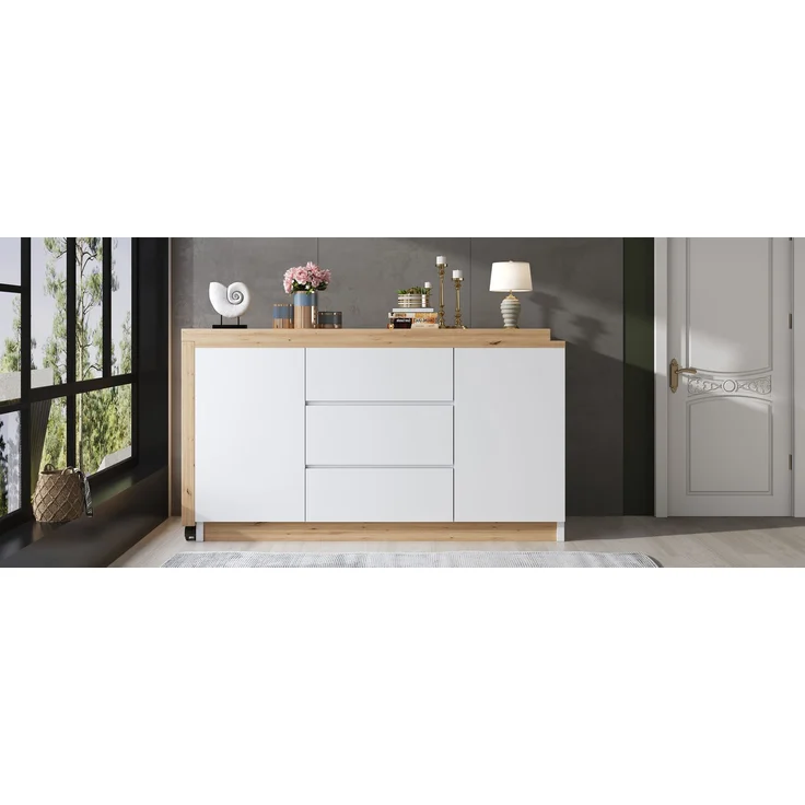 Schreibtisch 120 × 50 × 76,5 cm, drehbar und klappbar, 3 Schubladen, 2 Türen, 2 feststellbare Rollen, 4 cm starke Platte, Spanplatte, Weiß/Eiche – Bild 16