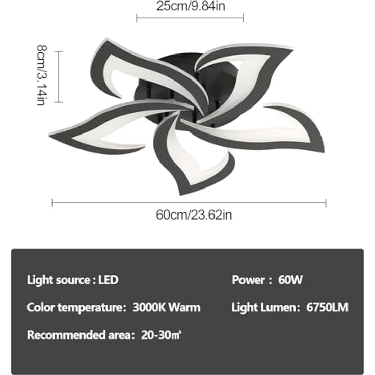 Comely Deckenlampe LED Wohnzimmer, 60cm 60W 6750LM LED Lampen Deckenleuchte, Moderne Blütenblatt Design Lampen für Wohnzimmer Küche Schlafzimmer Esszimmer, 3000K Warmweißes Licht, Schwarz – Bild 3