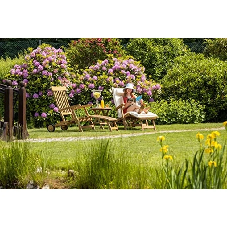 Kai Wiechmann Gartenliege Hochwertiger Teak Deckchair mit Rad als wetterfester Liegestuhl, verstellbarer Teak Relaxsessel mit Fußablage – Bild 6
