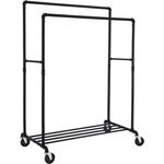Songmics Kleiderständer auf Rollen, bis 110 kg belastbar, im Industriedesign, mobiler Garderobenständer mit 2 Kleiderstangen und 1 Ablage, Schwerlast, zur Warenpräsentation, schwarz
