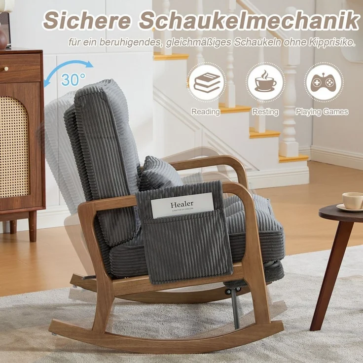 MODFU Loungesessel Ergonomischer Freizeitstuhl aus Cord mit Fußstütze (verstellbarer Schaukelstuhl und Baby-Sessel mit Lendenkissen), Schaukelstuhl Polstersessel – Bild 4