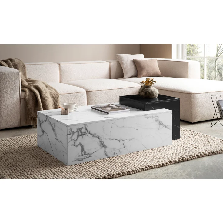 FINEBUY Couchtisch FB107240 Sofatisch Weiß 120 cm Marmor Optik Wohnzimmertisch Groß (Kaffeetisch Rechteckig, Sofatisch Weiß Modern), Wohnzimmertisch Marmor Optik, 120x60x40 cm MDF – Bild 2