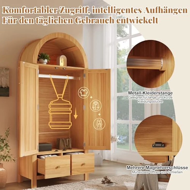 Arcus Gewölbter Kleiderschrank mit Rattan-Türen, 3 Staubereichen, 2 Schubladen für Schlafzimmer & Eingangsbereich (Naturfarbe) – Bild 10