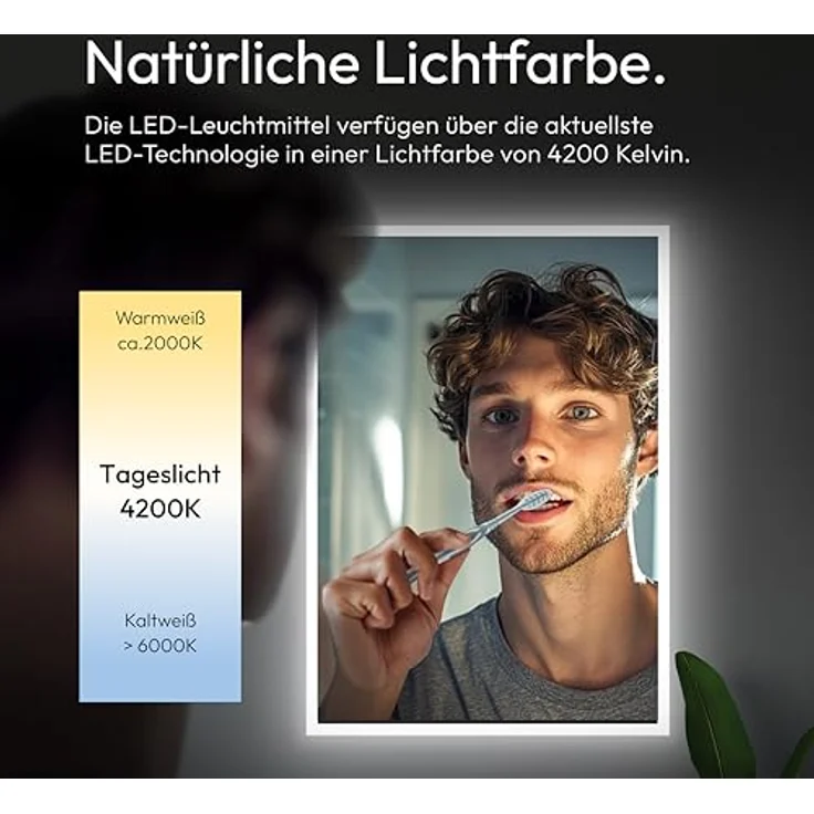 Talos Badspiegel mit Beleuchtung, 50 x 70 cm, LED Spiegel mit neutralweißem Licht (4200 Kelvin), feuchtraumgeeignet, Aluminiumrahmen – Bild 4