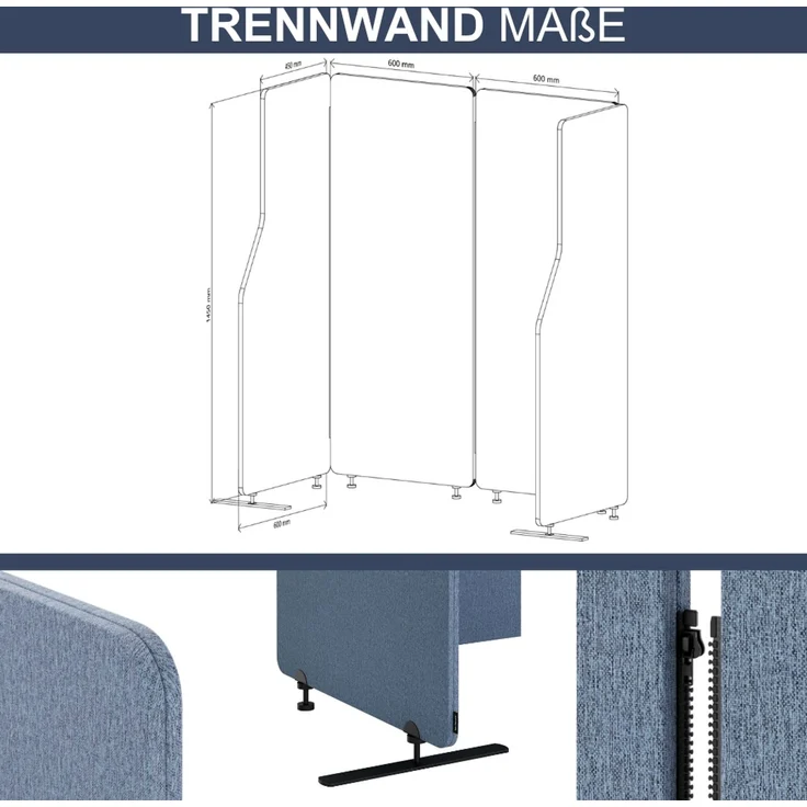 Akustik-Trennwand mit Schalldämmung PEOLT - 145x240x1,8cm Blau | Stellwand Büro Raumteiler Office-Akustikwand Sichtschutz freistehend – Bild 2