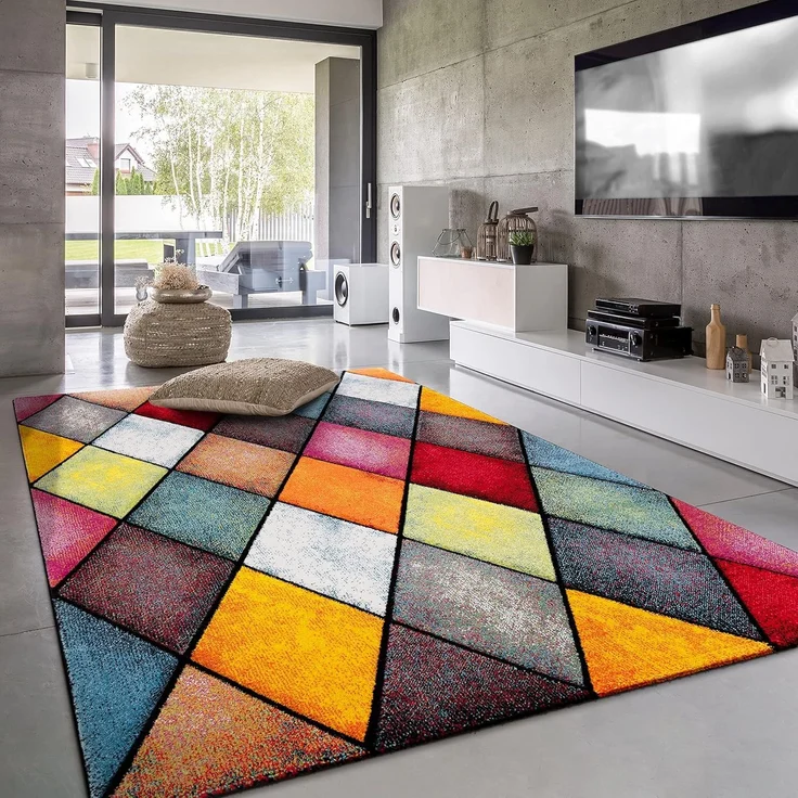 Paco Home Teppich Wohnzimmer Kinderzimmer Kurzflor Moderne 3D Optik Kariert Geometrische Muster, Grösse:120x170 cm, Farbe:Bunt 3 – Bild 1