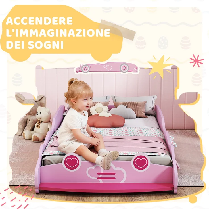 JARDJ Autoförmiges Kinderbett für 3- bis 5-Jährige mit erhöhten Sicherheitsseiten, 140 x 70 cm, Rosa – Bild 6
