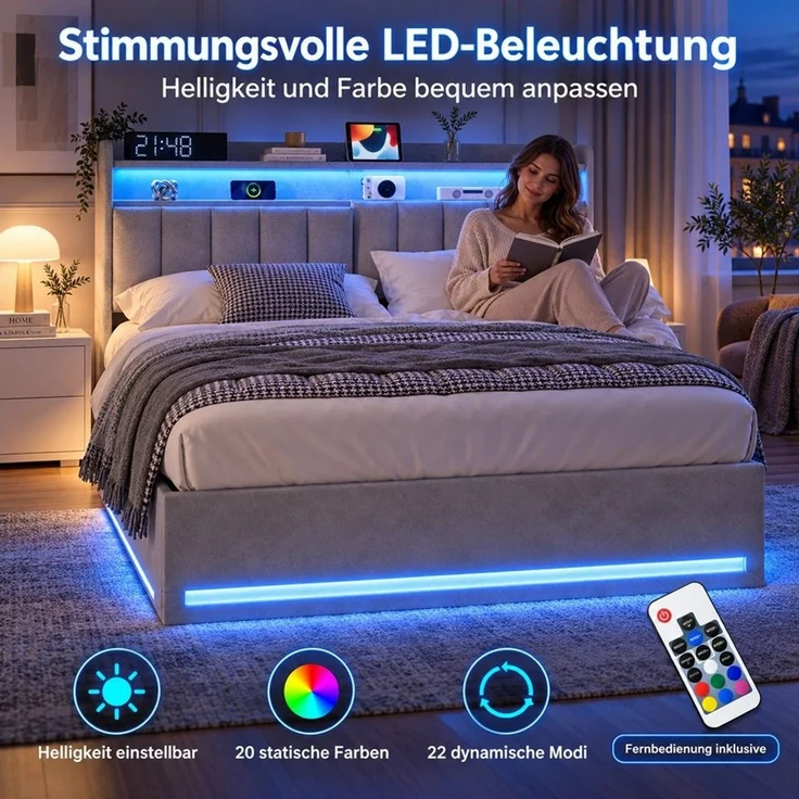 Simurq Polsterbett Bett 140x200 cm Stauraumbett mit LED Beleuchtung (1-tlg, USB + Type-C, Hydraulisches Bett mit Stauraum), Doppelbett, Bettgestell mit Bettkasten und Lattenrost, Samt – Bild 4