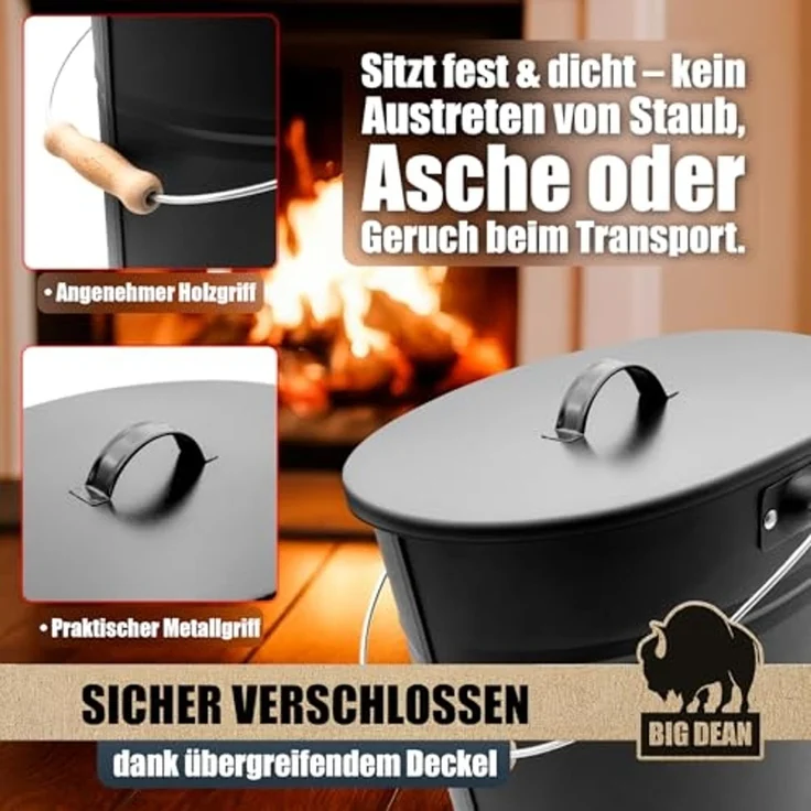 BigDean Aschekasten Ascheeimer mit Deckel 15 Liter mit Griff Ascheimer Oval – Bild 6