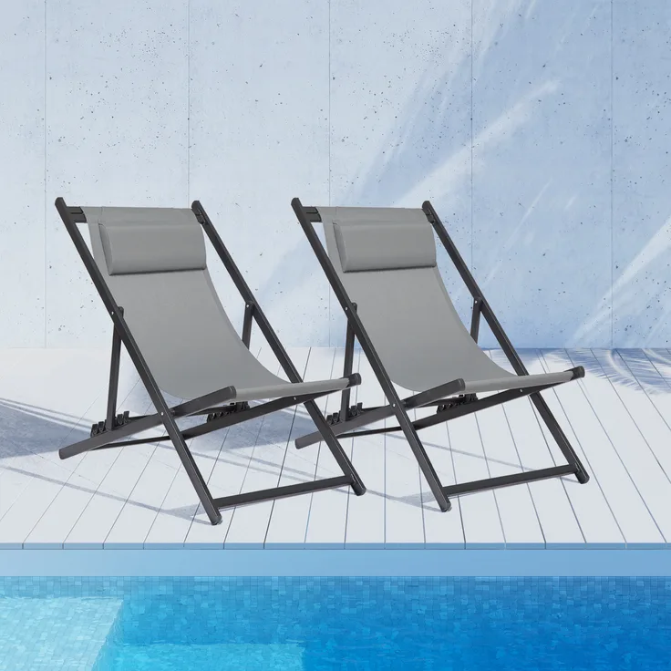 Mondeer 2er Set Sonnenliegen, klappbare Gartenliege mit verstellbarer Kopfstütze, Dunkelgrau, Aluminiumrahmen, 135°-165° Neigungswinkel