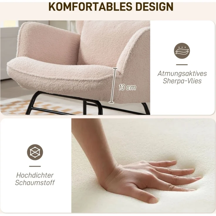 Schaukelstuhl mit Fußhocker, weicher Fleece-Bezug, Holzbeine, Kissen, hohe Rückenlehne, Schaukelsessel, Beige--Beige--101.5x70.5x99.5cm--YOUDENOVA – Bild 4
