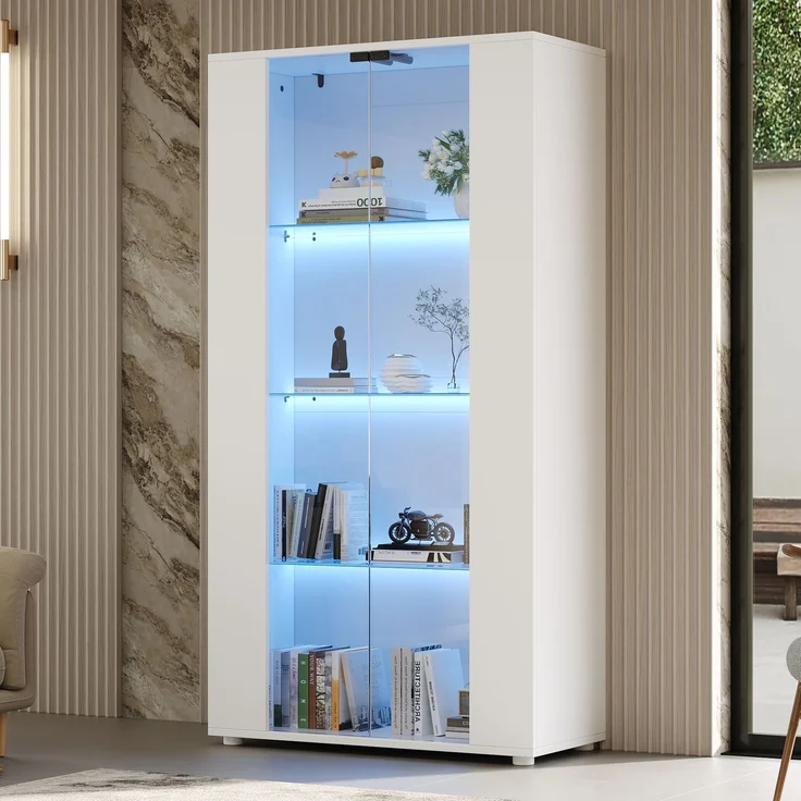 Merax Vitrinenschrank mit 2 Glastüren, 4 Ablageflächen und verstellbarer LED-Beleuchtung – modernes Design für Wohnzimmer, Weiß, 80×36×150.5cm – Bild 2