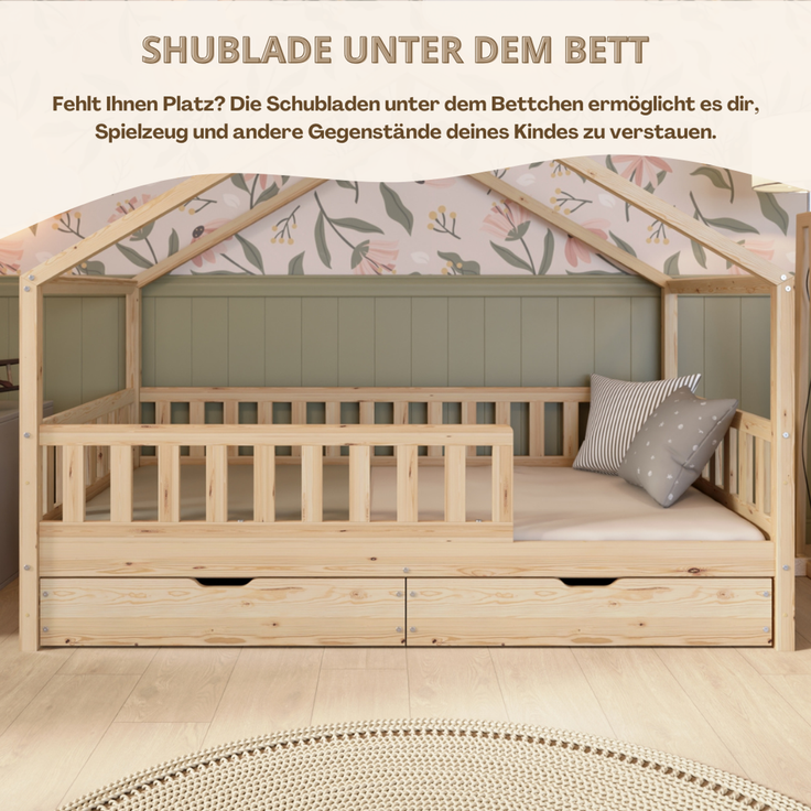 Crazy Pine 'Crazy House' Hausbett mit abnehmbaren Rausfallschutz, Naturholz, Natur, 120x200 cm, mit Schubladen – Bild 7