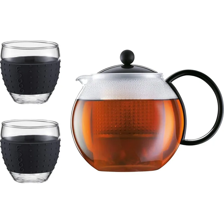 Bodum K1844-01-2 Assam Set Teekanne mit 2 Gläser 35 cl mit Silikonband, 1 Liter, Schwarz