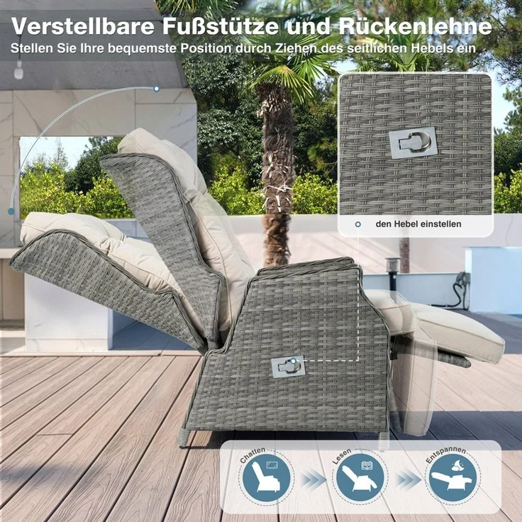 HOMECALL Rattanstuhl Gartensessel Indoor Verstellbar Liegestuhl Gartenliege balkonliege (Wetterfester Rahmen, klappbarem Beistelltisch und Fußstütze, 2 St), COMLAX FIELD – Bild 2