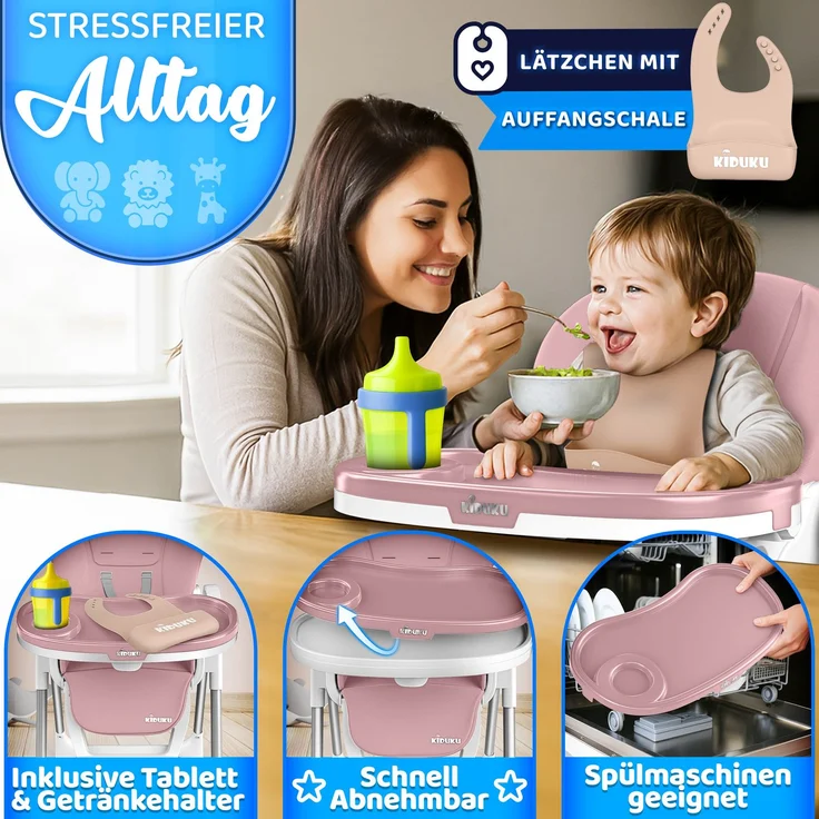 KIDUKU® Hochstuhl Baby 3in1 mit Neugeborenenaufsatz + Lätzchen, Spielbogen & Tisch | Kinderhochstuhl klappbar mit Liegefunktion | Kombihochstuhl höhenverstellbar | Babystuhl mitwachsend 0-36 Monate – Bild 9