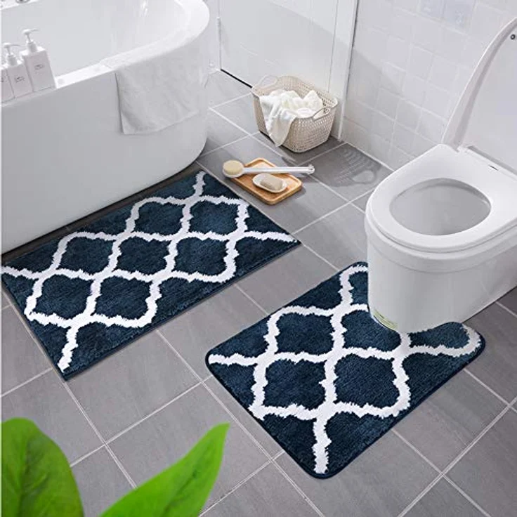 Homaxy rutschfest Badematten Set 2 teilig Weich Hochflor Bad WC Badezimmerteppich Set Mikrofaser Badvorleger Set 2teilig –Marine Blau – Bild 2
