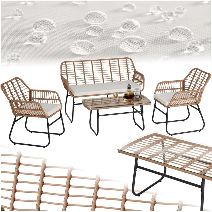 tectake® Outdoor Rattan Sitzgruppe, Möbel, Balkonmöbel, Gartenmöbel Set mit 1x Gartenbank, 2X Stühle + Tisch, Balkonmöbelset für Garten, Terrasse, Balkon - Natur – Bild 1