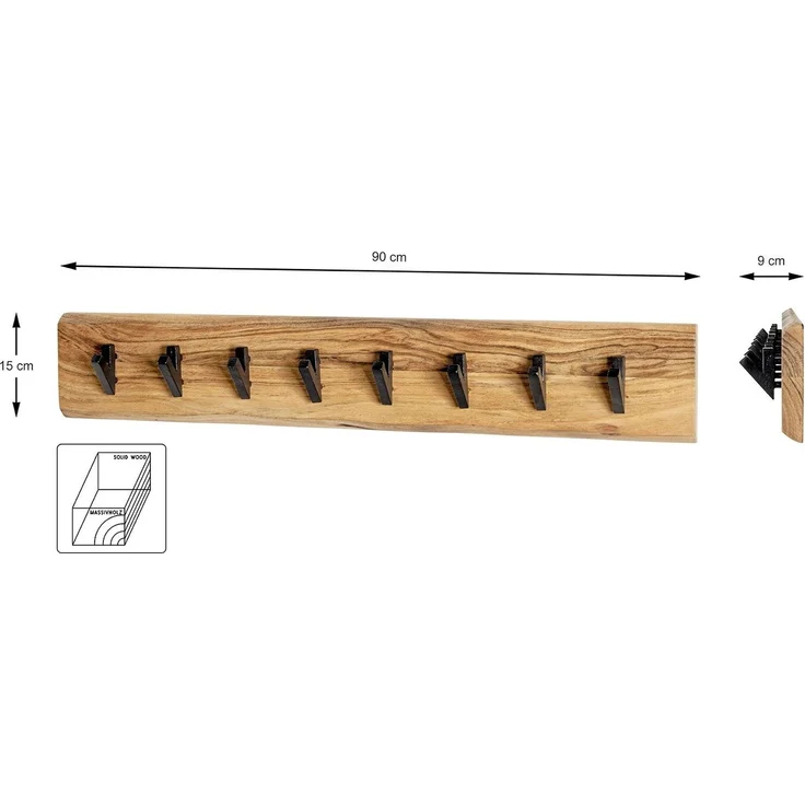 Haku Wandgarderobe aus Akazie-Massivholz mit 5 Metallhaken in Schwarz, Baumkante, 90x9x15 cm – Bild 9