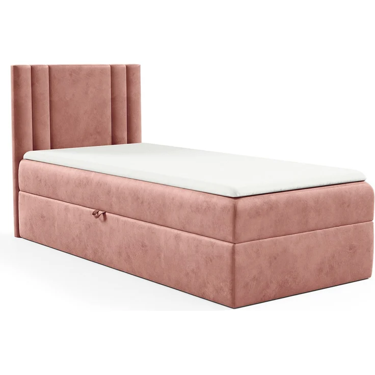 MEBLINI Kinderbett mit Bettkasten CARDI 90x200 Links – H3/Rosa Samt Gepolstert Einzelbett mit Matratze - Polsterbett mit Stauraum - Bett mit Kopfteil – Stauraumbett – Bild 1