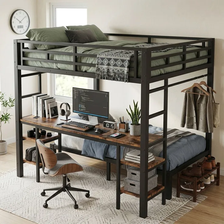 EINHOM Metallbett 140 x 200 / 90 x 200 cm in Schwarz, Etagenbett mit Schreibtisch, Kleiderstange, Beidseitiger Leiter und Integrierter Ladestation (Ohne Matratze)