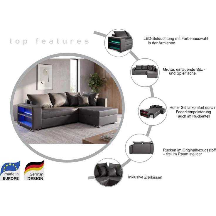 COLLECTION AB Ecksofa John L-Form, B: 226 cm, Schlaffunktion & Bettkasten, Regalelement mit Licht, Couch mit Federkern, 2 Zierkissen – Bild 3